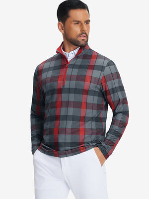 Front upper body of model wearing full print lightweight quarter zip pullover in redblack check