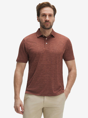 Front waist-up shot of model wearing red flower breathable jacquard pattern 3-button golf polo