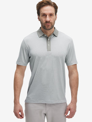 Front half-body of model in grey white stripe upgraded two-tone striped quick dry polo shirt