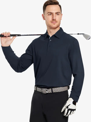 Model wearing the dark grey long sleeve pique polo, holding a golf club, emphasizing its sleek and modern look
