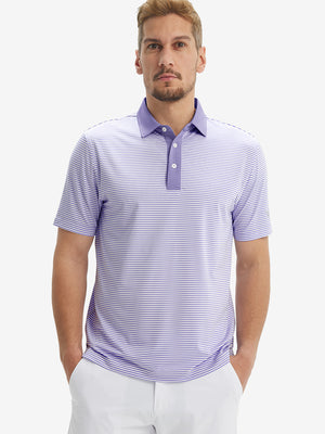 Front half-body of model in lavenderwhite stripe upgraded two-tone striped quick dry polo shirt