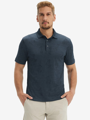 Front waist-up shot of model wearing navy coconut tree breathable jacquard pattern 3-button golf polo