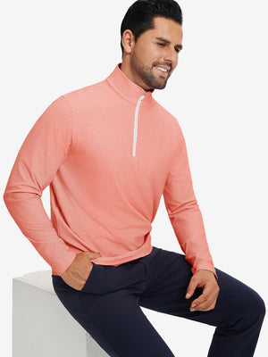 Model seated on chair, wearing full print quarter zip pullover in red line, casual upper body view.