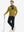 Model holding golf club, dressed in full zip fleece hoodied jacket in yellow, sporty and casual.