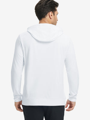 Back upper body view of the white classic heather hoodie, model turns head slightly with ease.