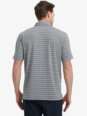 Back half-body view of model wearing NEUTRAL STRIPE Stylish Performance Golf Polo