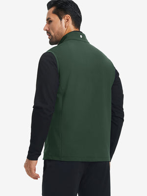 Back view of water-resistant fleece golf vests showing smooth fleece texture in forest green