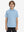 Front upper body of model wearing youth performance golf polos, clean fit and sporty blue/cobalt stripe look