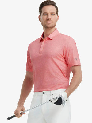 MAELREG Men's Performance Jersey Print Polo in Candy Pink Line – front half-body with golf pose