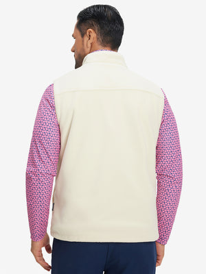Model's upper body back view wearing Beige Windproof Fleece Reversible Golf Vest.
