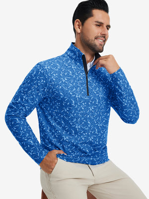 Model seated on chair, wearing full print quarter zip pullover in line animal, casual upper body view.