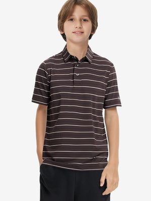 Front upper body of model wearing trendy boys stripe polo shirts, casual fit in brown stripe
