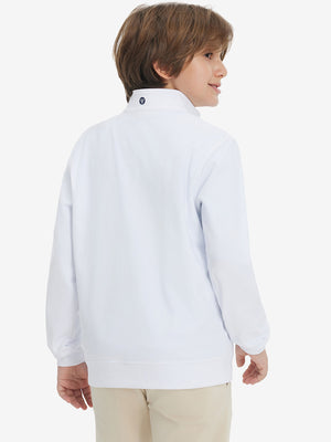 Back upper body of model wearing youth winter micro-fleece quarter zip pullover in white