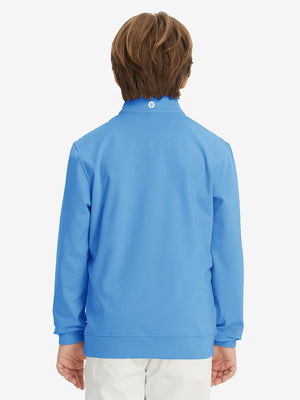 Back upper body of model wearing youth winter micro-fleece quarter zip pullover in sky blue