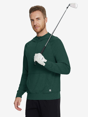 Male model holding a golf club, wearing the Quarter Zip Hoodie with Kangaroo Pocket in Turquoise Heather.