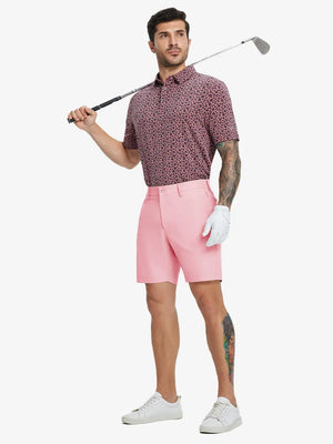 Full-body front view of model holding golf club wearing PINK Water Resistant Versatile 8 Pockets Shorts.