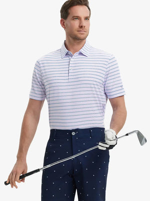 Model wearing Pinkish Purple Cobalt Stripe Performance Stripe Golf Shirt – front half-body pose