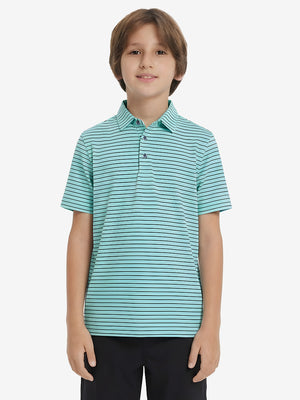 Front upper body of model wearing youth performance golf polos, clean fit and sporty turquoise/navy stripe look