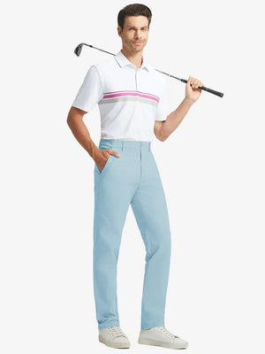 Full front view of model in Water Repellent 8 Pockets Pants LIGHT BLUE，ready for golf with club in hand.