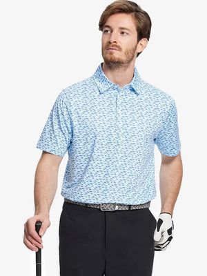 MAELREG Men's Performance Jersey Print Polo in Blue Dinosaur – front half-body with golf pose