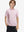 Front upper body of model wearing kids stylish stripe polo shirts, playful stripes with light pink stripe detail