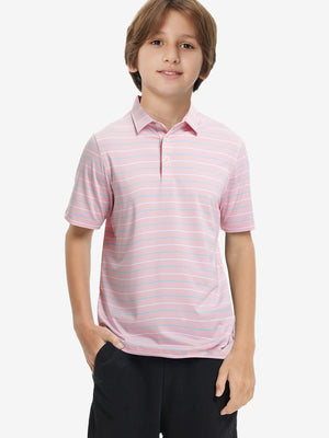 Front upper body of model wearing kids stylish stripe polo shirts, playful stripes with light pink stripe detail