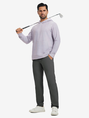 Model holding a golf club on shoulder, wearing dark grey water-resistant golf stretch nylon pants.