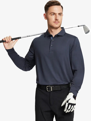 Model in DARK GREY Long Sleeve Solid Jersey Polo holding golf club with confident front pose