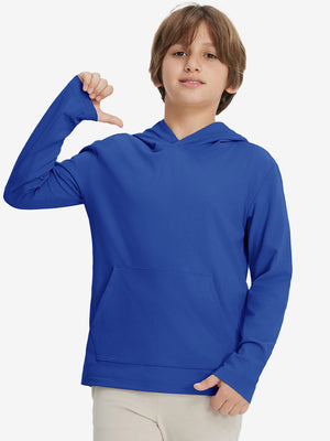 Front upper body view of youth long sleeve hoodied with kangaroo pocket in klein blue, casual fit.