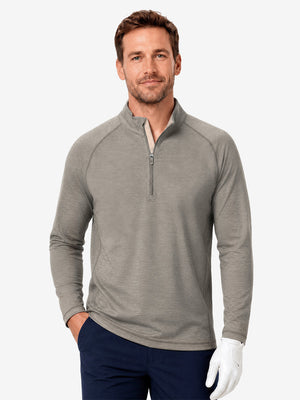 Model front upper body wearing presentation, dry fit athletic 1/4 zip sweatshirt in taupe heather