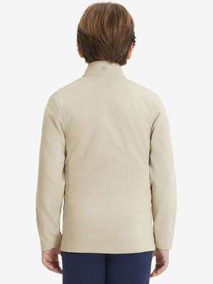 Model in kids soft lightweight fleece lined jacket in light khaki, showing back half-body view.
