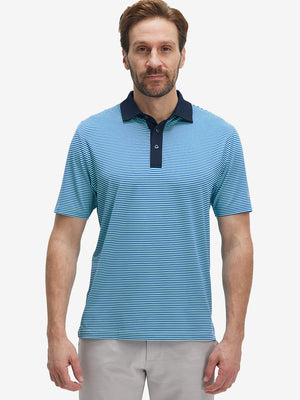 Front half-body of model in aqua stripe upgraded two-tone striped quick dry polo shirt