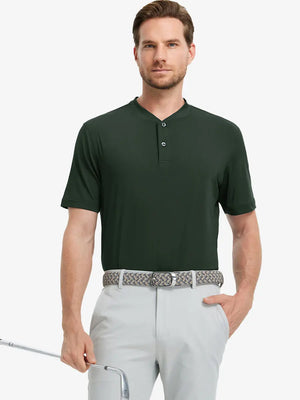 Front half-body view holding a golf club in Everyday Collarless Jersey Shirt in OLIVE GREEN.