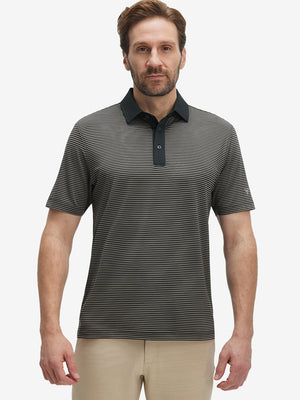 Front half-body of model in black stripe upgraded two-tone striped quick dry polo shirt