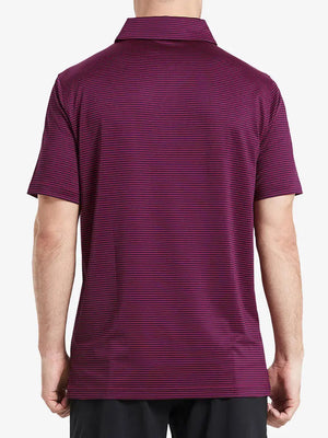 Back half-body view of MAROON STRIPE shirt, showing fit and stripe alignment