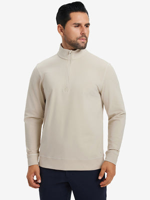 Ultra-Soft Brushed Fleece Lining Quarter Zip Sweatshirt in light khaki, front upper body view