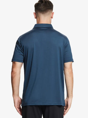 Back half-body view of male model wearing the Blue Everyday Classic Solid Polo