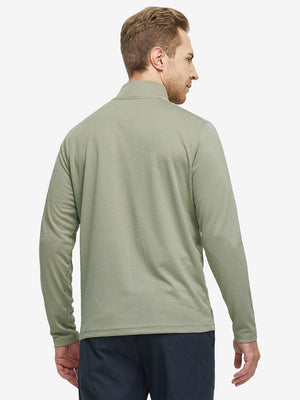 Back waist-up shot of model wearing dark khaki melange moisture wicking quarter zip pullover
