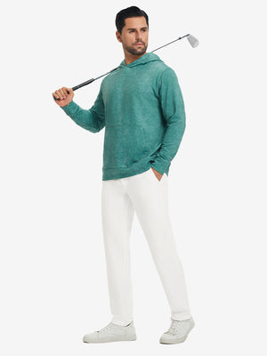 Model holding a golf club on shoulder, wearing white water-resistant golf stretch nylon pants.