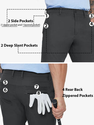 Detail view highlighting all 8 pockets front and back on DARK GREY Water Resistant Versatile 8 Pockets Shorts.