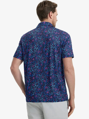 Back view of MAELREG Men's Performance Jersey Print Polo in Navy Colorful Flower – athletic fit
