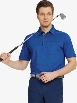 Model holding golf club in COBALT Elegant Performance Jacquard Polo, front half-body view