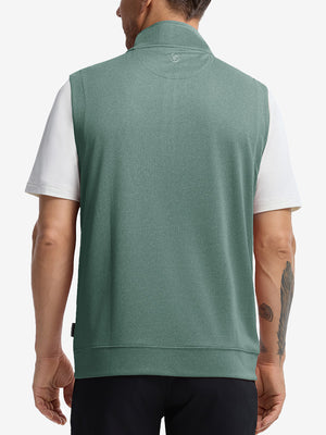 Back upper body shot of model wearing dark green melange lightweight sleeveless quarter zip golf vest