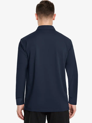 Back view of the navy long sleeve pique polo, showcasing its sleek and stylish design.