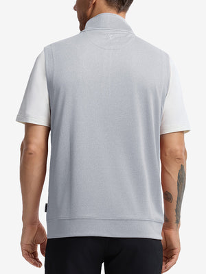 Back upper body shot of model wearing lunar rock melange lightweight sleeveless quarter zip golf vest