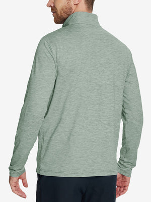 Men wearing Heather Pinstripe Brushed Dry Fit Quarter Zip Pullover in beryl green melange, front half body fit view