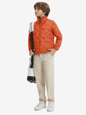 Model carrying a golf bag, wearing boys windproof puffer jacket with pockets, shown in orange.