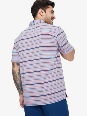 Back half-body view of model in PINK BLUE STRIPE Performance Yarn Dye Striped Polo