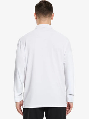 Back view of the white long sleeve pique polo, showcasing its clean design and modern fit.