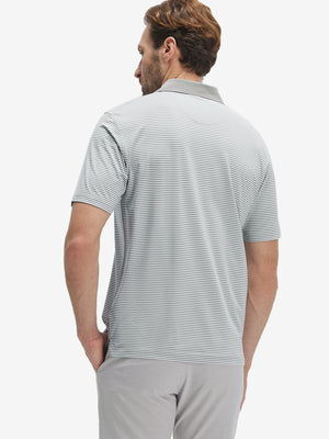 Back half-body of model in grey white stripe upgraded two-tone striped quick dry polo shirt
